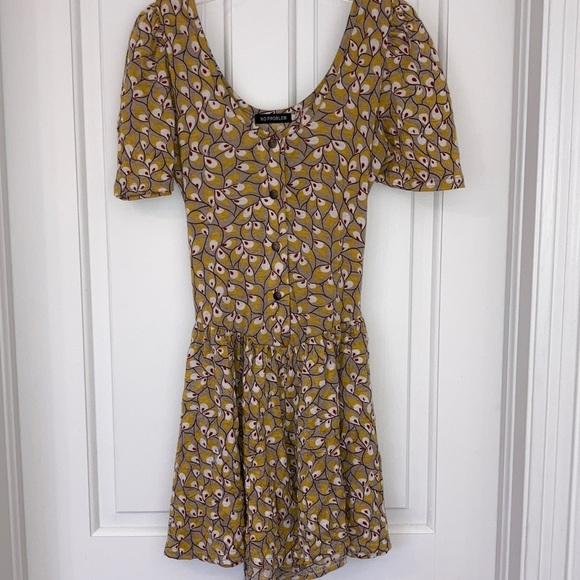 Gold Mini Romper Dress, gathered at shoulders & waist, Easy Front Opening - Picture 3 of 16